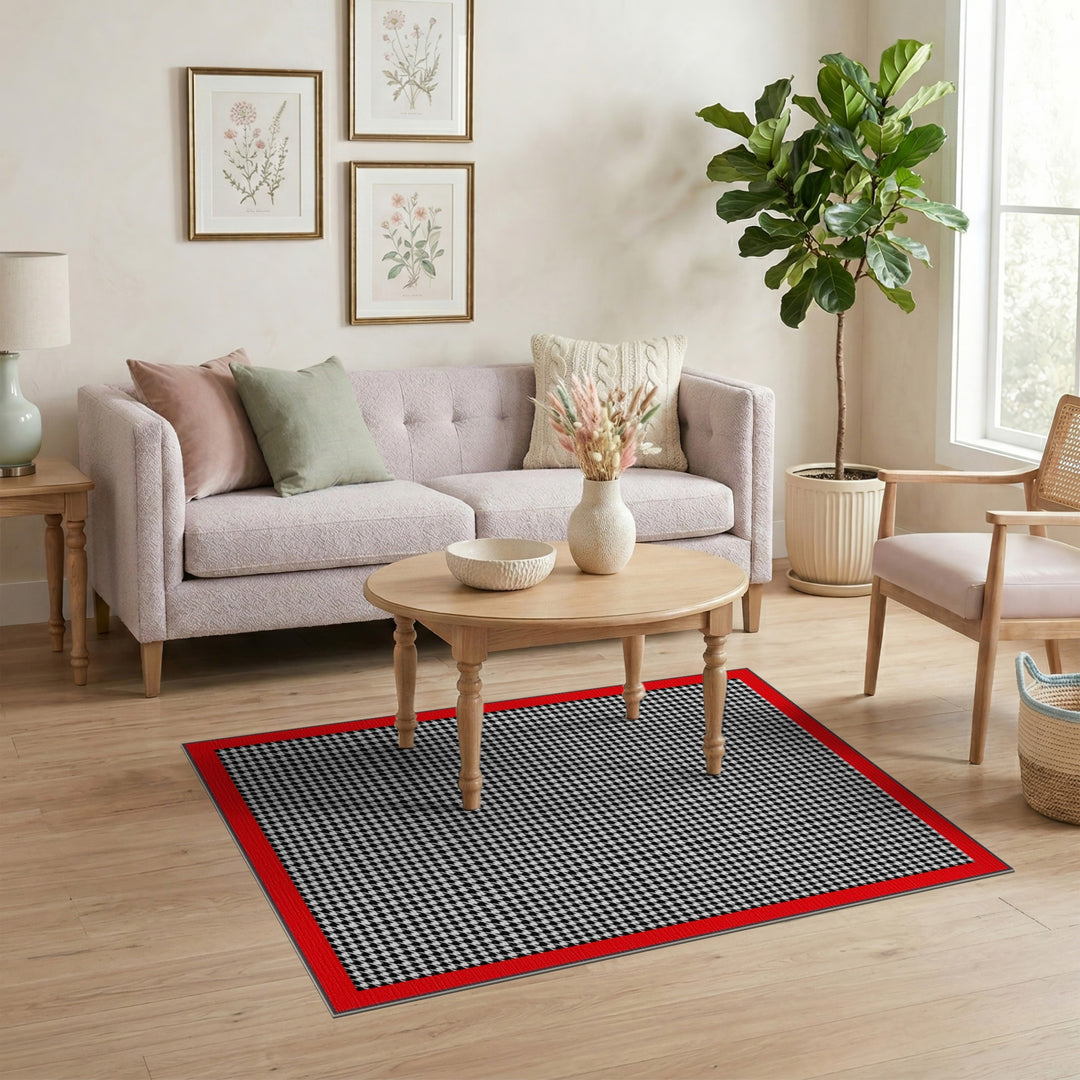 Black White Houndstooth Rug with Red Border