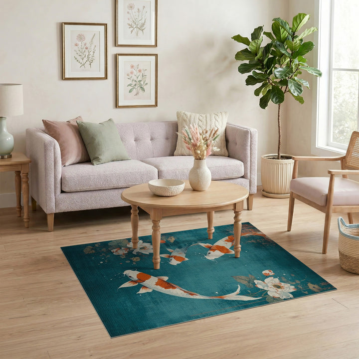 Distressed Vintage Koi Lotus Teal Area Rug