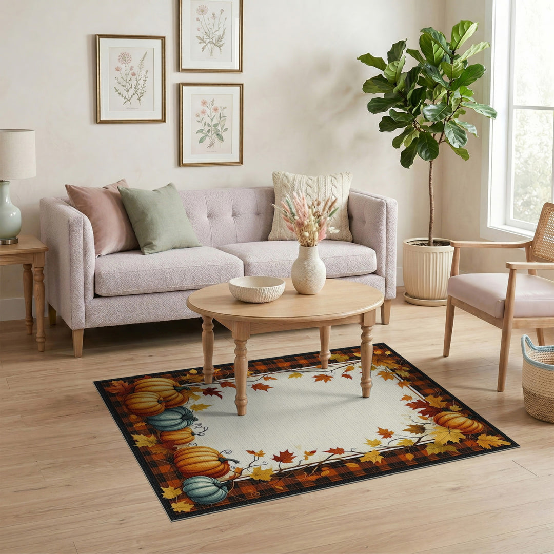Autumn Pumpkin Plaid Washable Area Rug