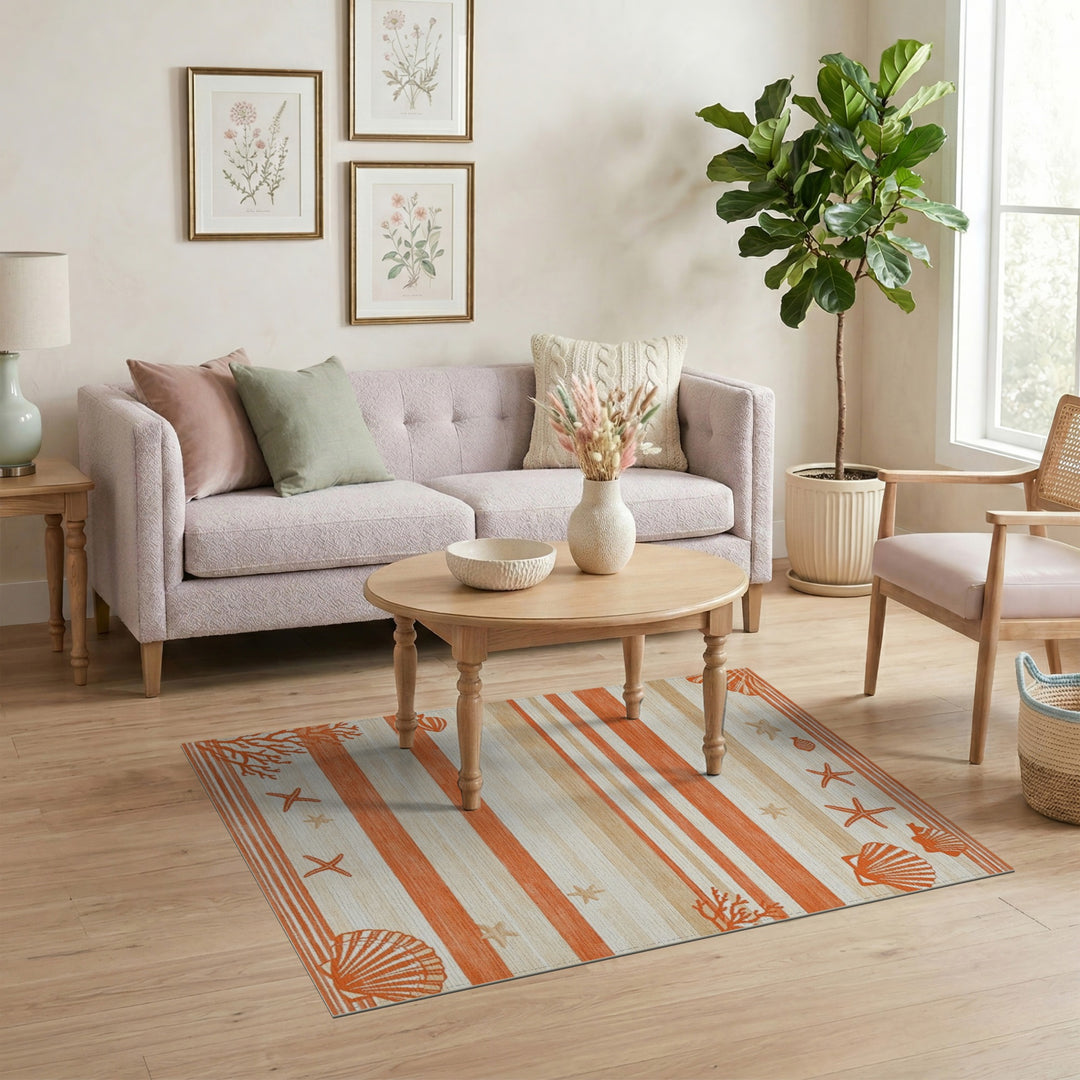 Coastal Orange Striped Seashell Area Rug
