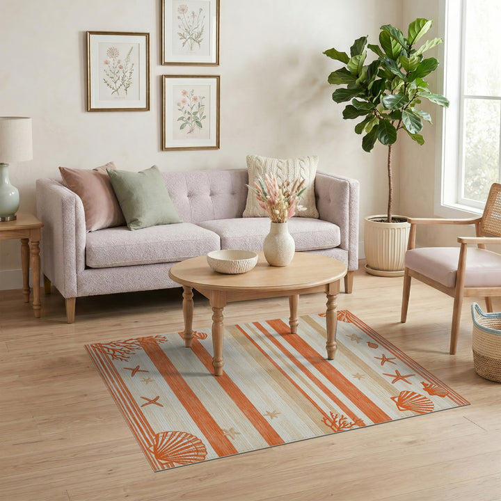 Coastal Orange Striped Seashell Area Rug