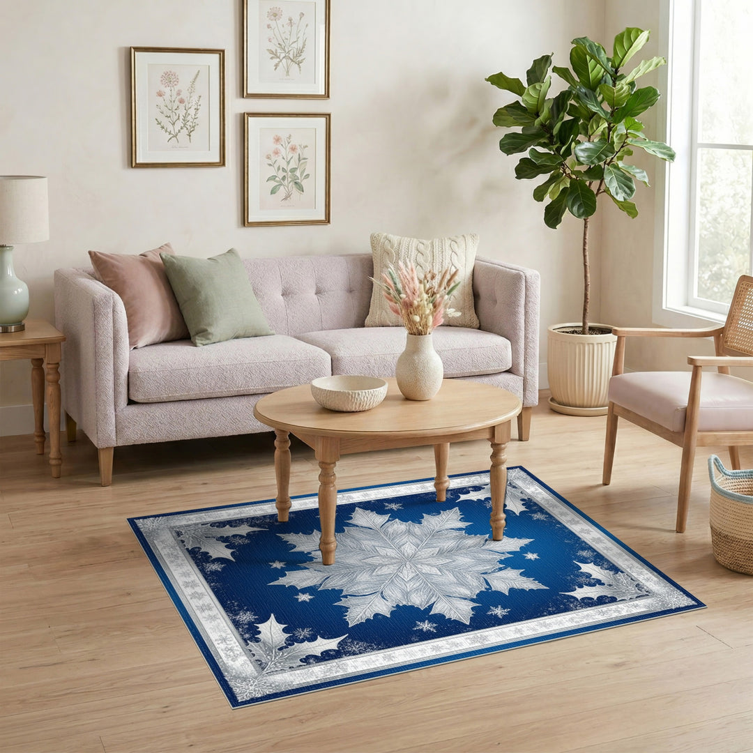 Silver Snowflake Holly Blue Area Rug