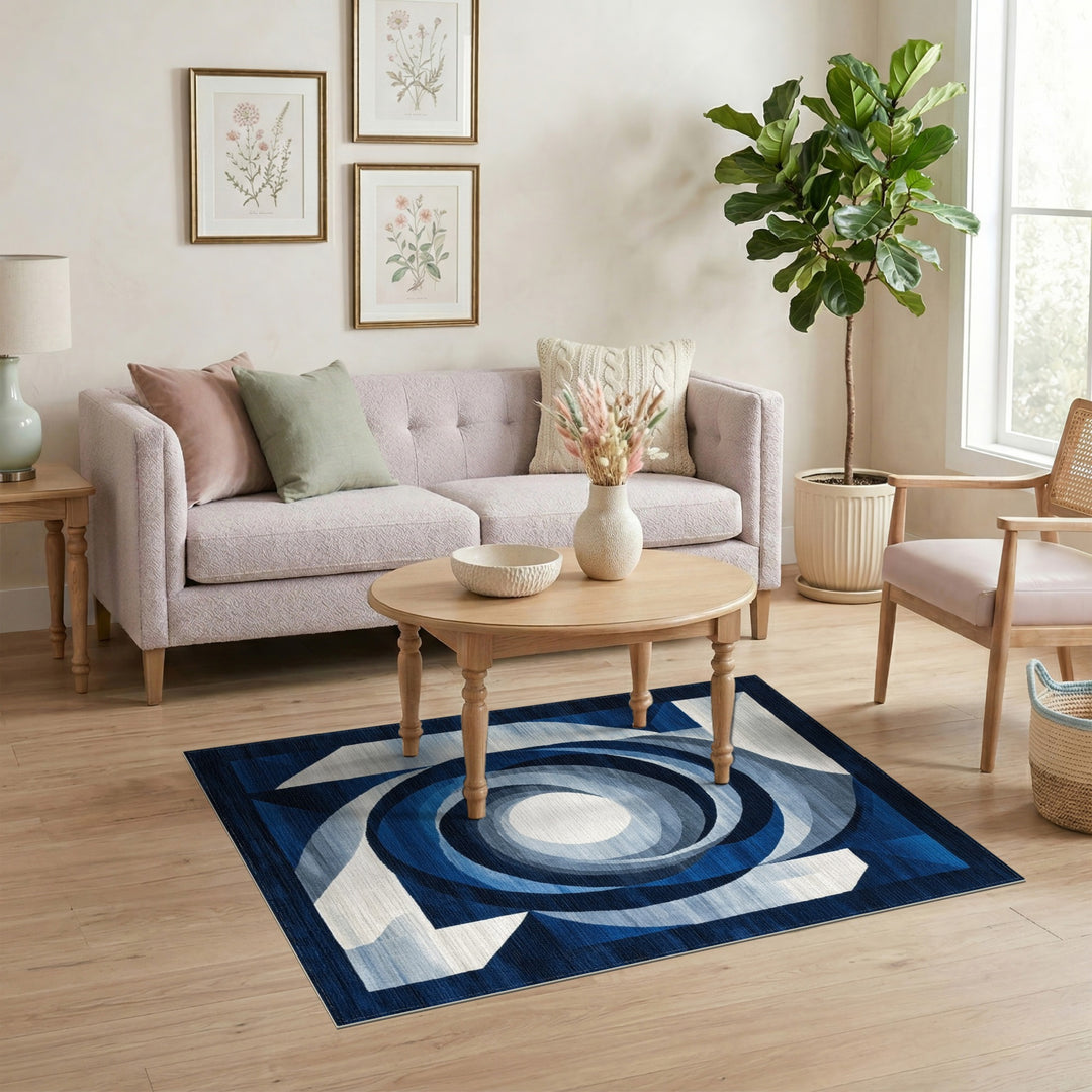 Blue Geometric Spiral Area Rug
