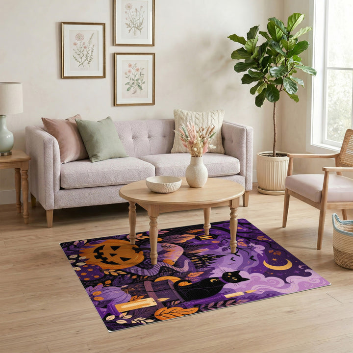 Enchanted Purple Black Cat Pumpkin Area Rug