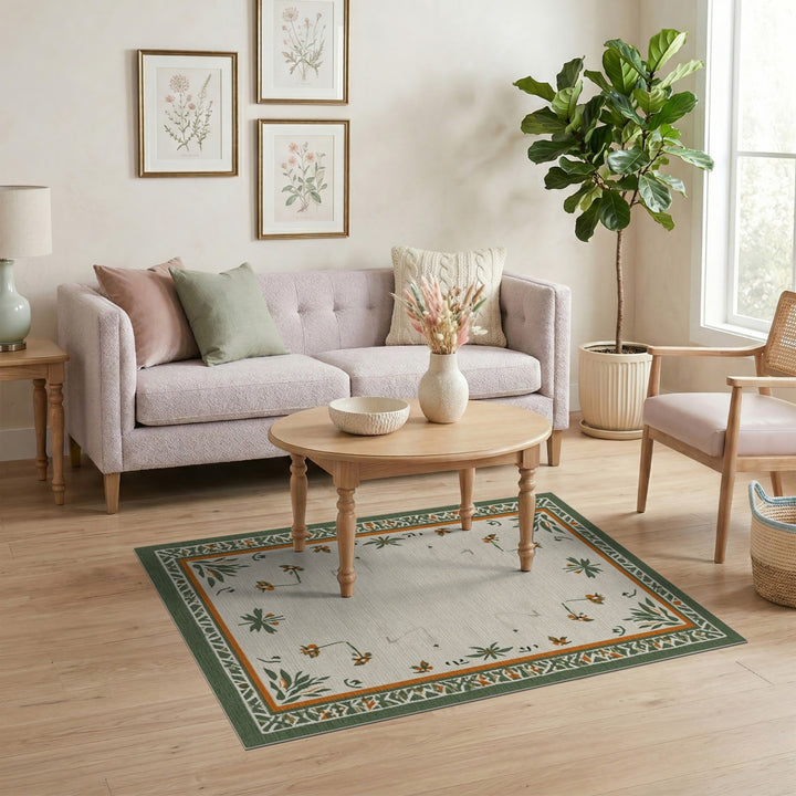 Floral Vintage Beige Area Rug with Green Border