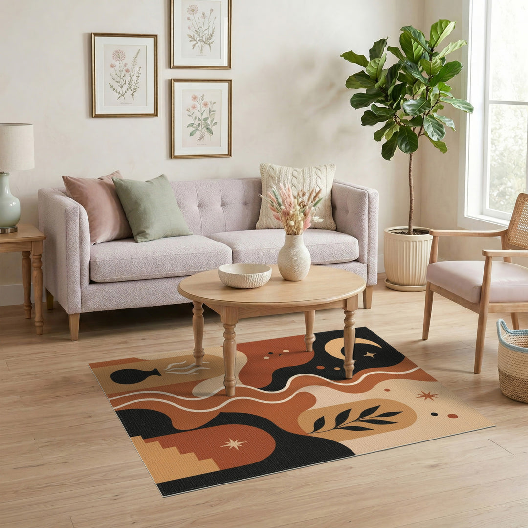 Boho Chic Brown Tan Area Rug with Moon and Arch
