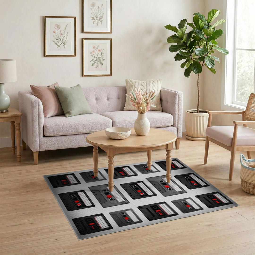 Vintage Cassette Black White Area Rug