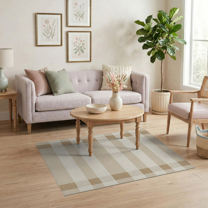 Beige and Neutral Beige Checkered Washable Area Rug