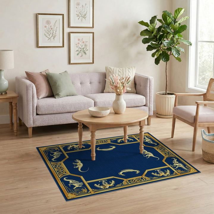 Dinosaur Skeleton Blue Gold Area Rug