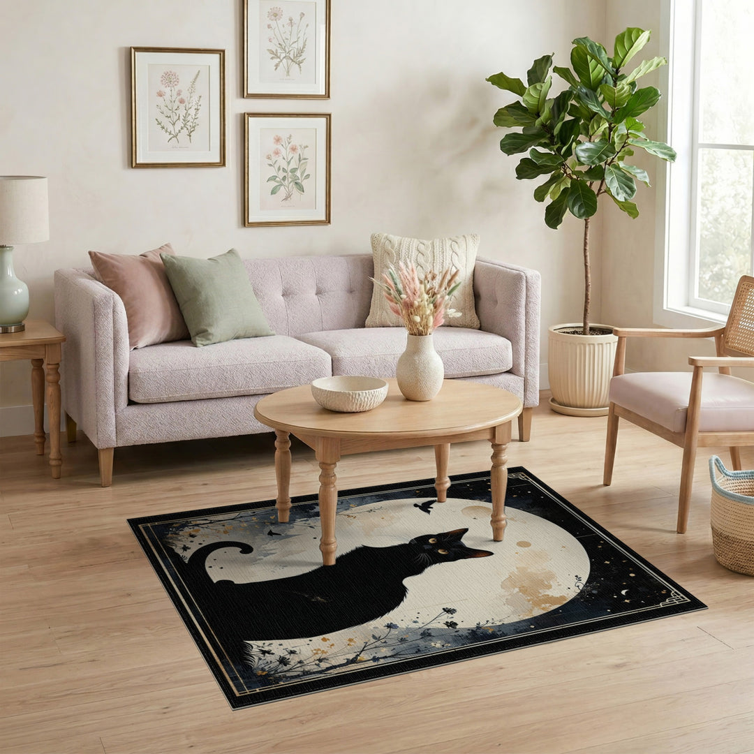 Distressed Vintage Black Cat Moon Silhouette Area Rug