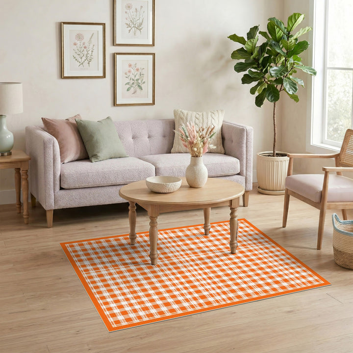 Orange Geometric Modern Orange Checkered Washable Area Rug
