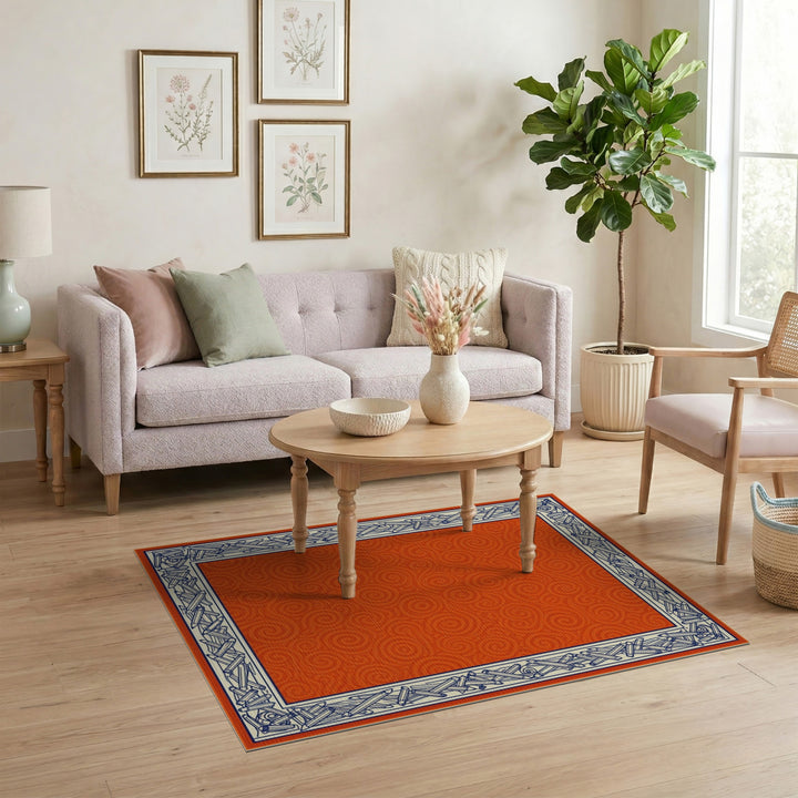 Orange Swirl Pencil Border Kids Area Rug