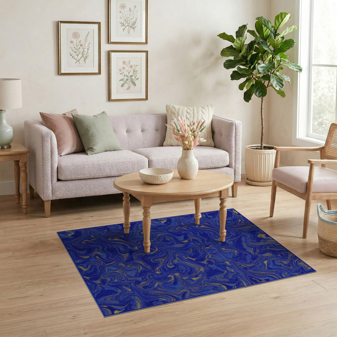 Blue Gold Fluid Swirl Abstract Area Rug