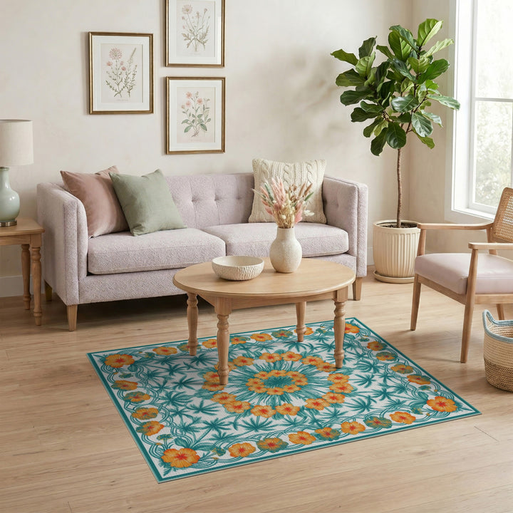 Teal Floral Palm Area Rug