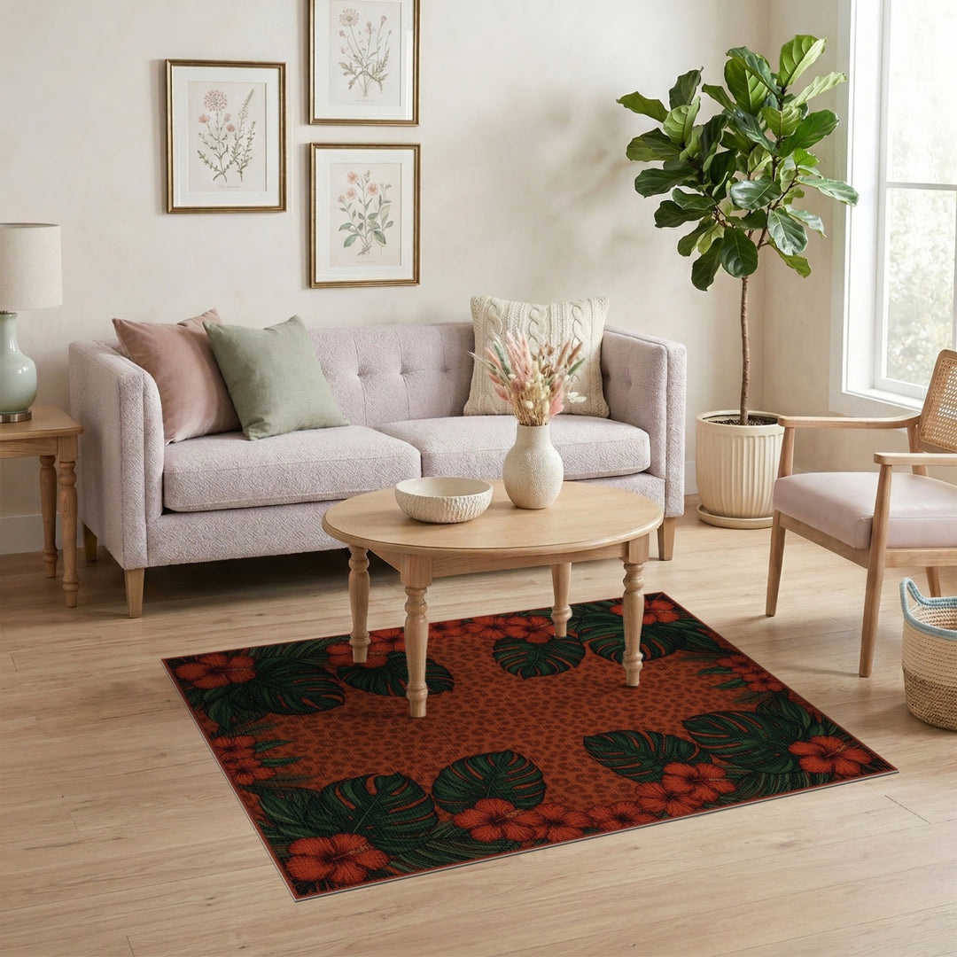 Red Hibiscus Leopard Print Area Rug