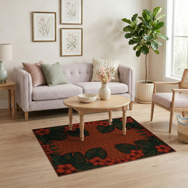 Red Hibiscus Leopard Print Area Rug