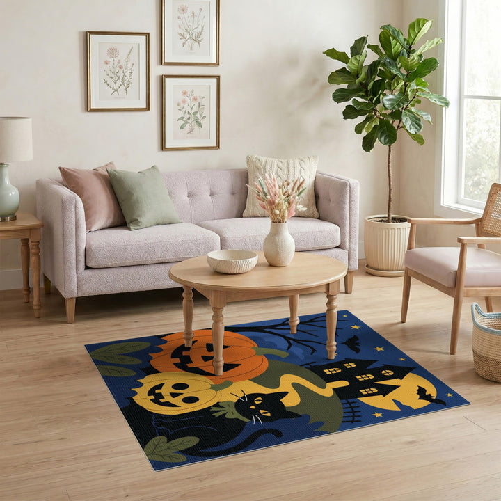 Halloween Black Cat and Pumpkins Area Rug