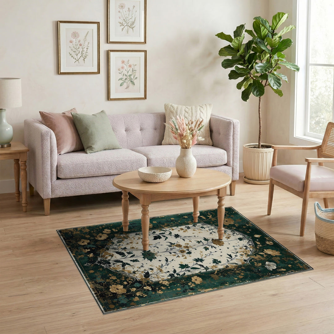 Green Gold Floral Vintage Floral Vintage Area Rug