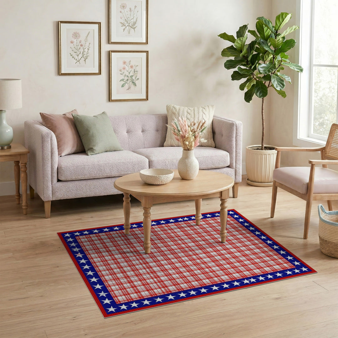 Red Plaid Rug with Blue Star Border