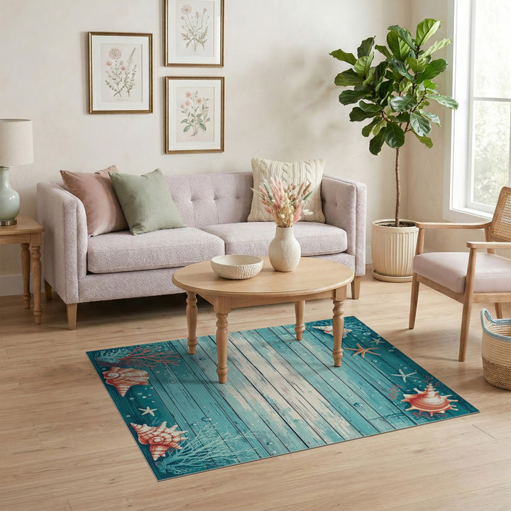 Seashell Starfish Teal Coastal Area Rug
