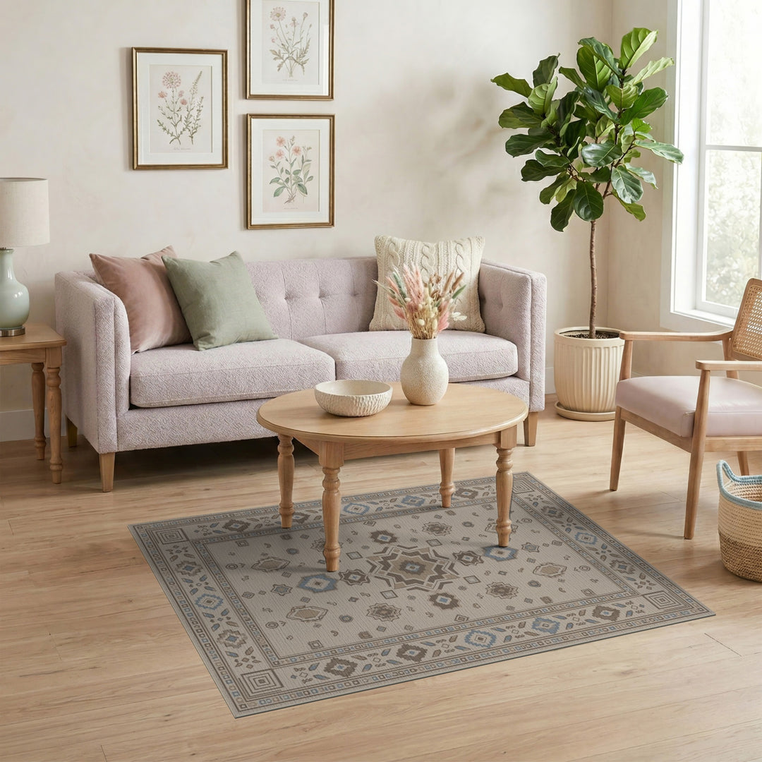 Beige and Neutral Beige Geometric Medallion Area Rug