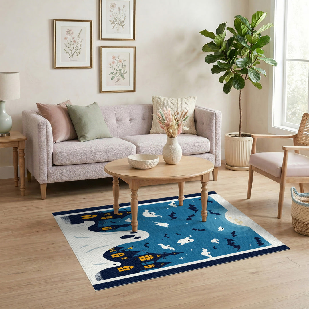 Halloween Ghosts and Bats Blue Area Rug