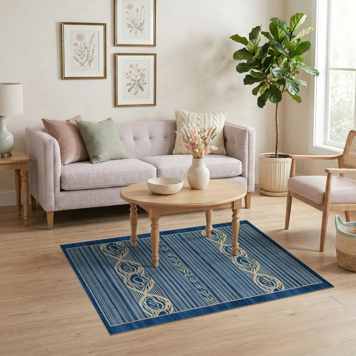 Navy Blue Coastal Wave Stripe Rug