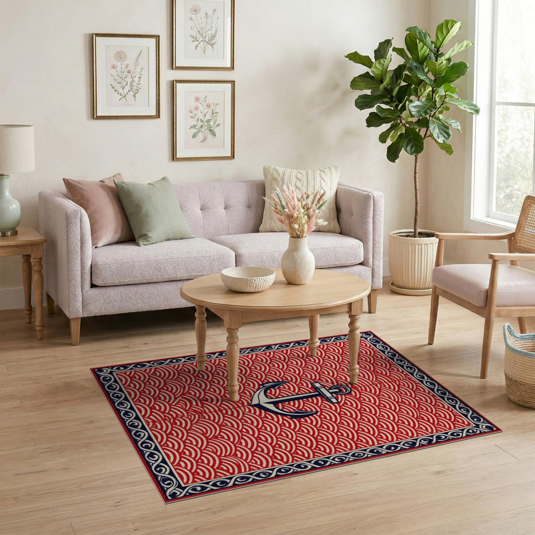 Coastal Beach Red Anchor Nautical Area Rug