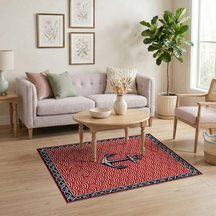 Coastal Beach Red Anchor Nautical Area Rug
