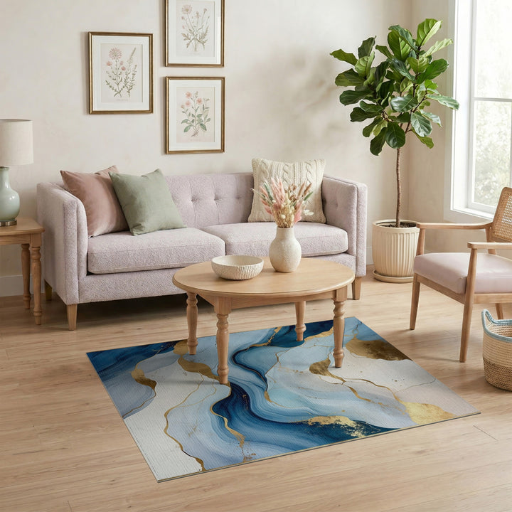 Blue Gold Abstract Flow Area Rug