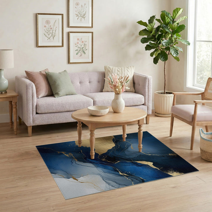 Blue Gold Abstract Fluid Area Rug
