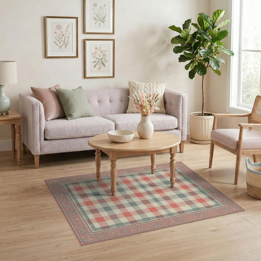 Red Gingham Checkered Area Rug with Vintage Border