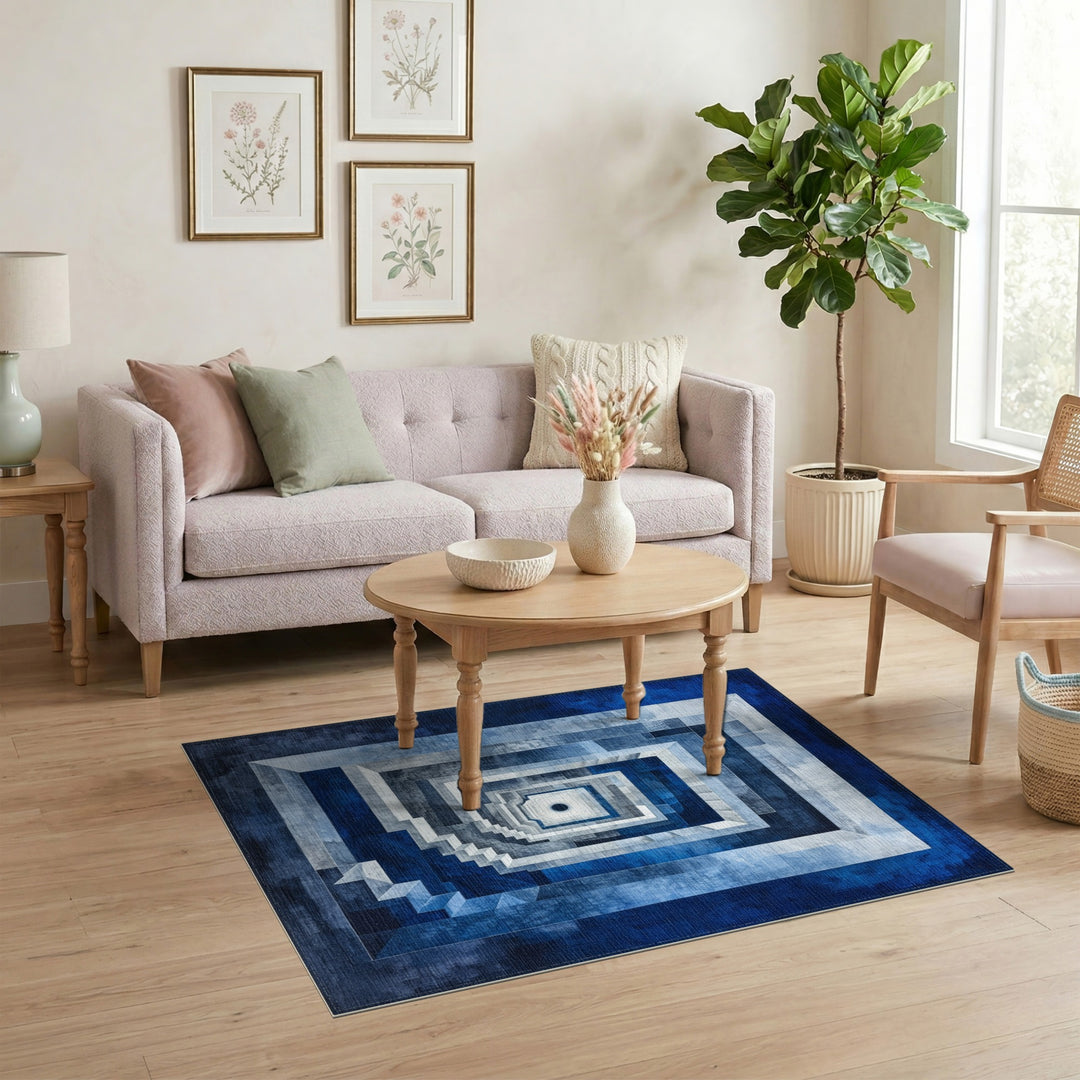 Blue Geometric Staircase Area Rug
