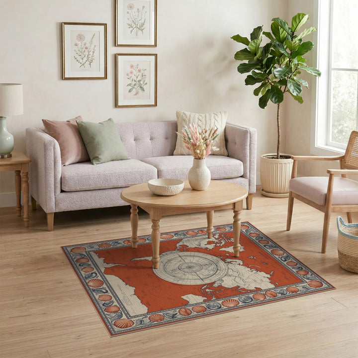 Vintage Red World Map Seashell Border Rug