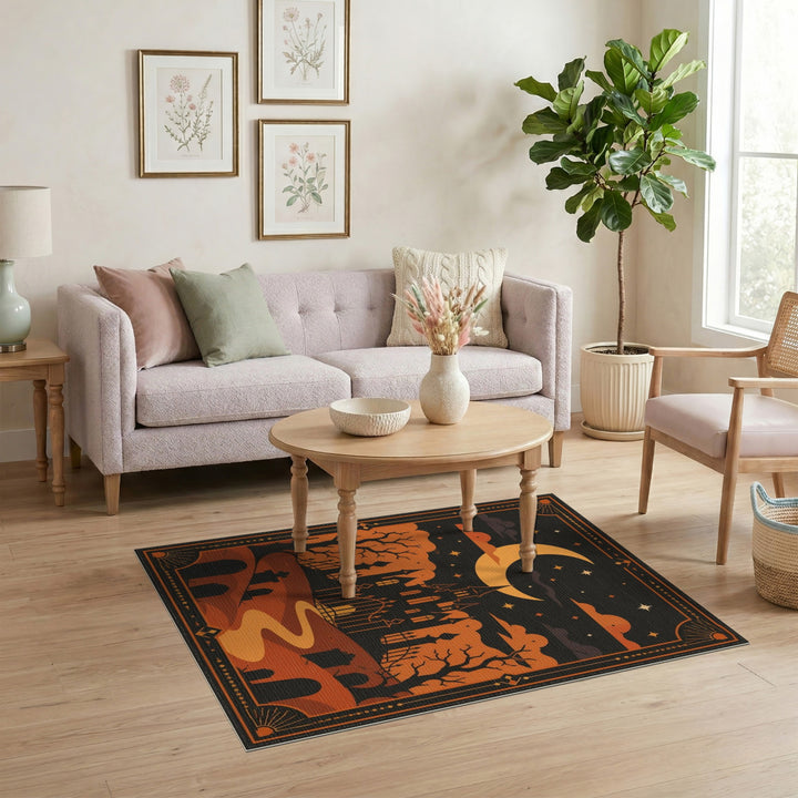 Orange Haunted Castle Halloween Area Rug