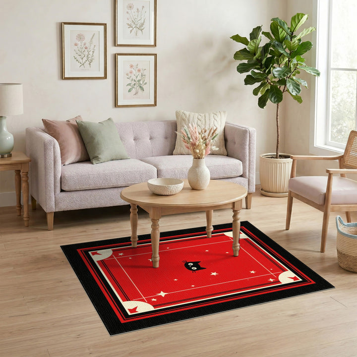 Red Black Cat Stars Kids Area Rug