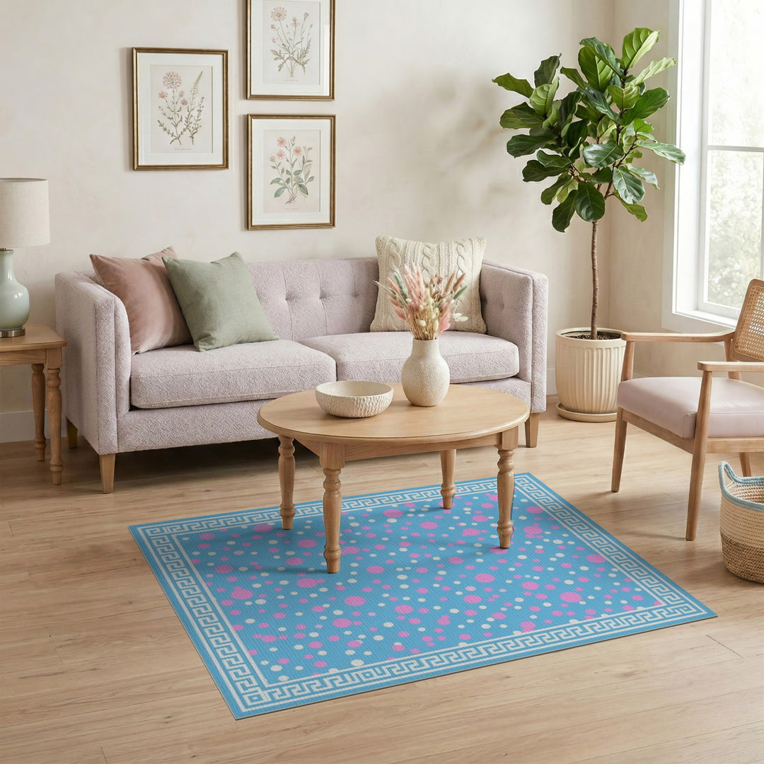Blue Polka Dot Greek Key Area Rug