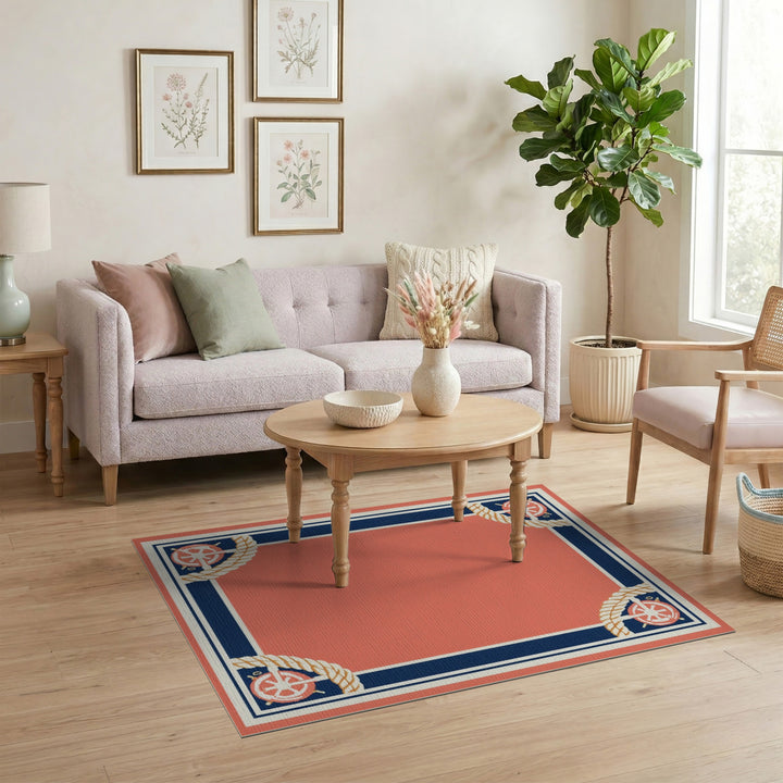 Nautical Coral Ship Wheel Area Rug