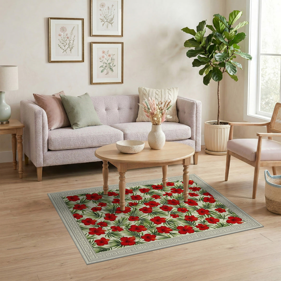 Floral Vintage Red Hibiscus Floral Area Rug