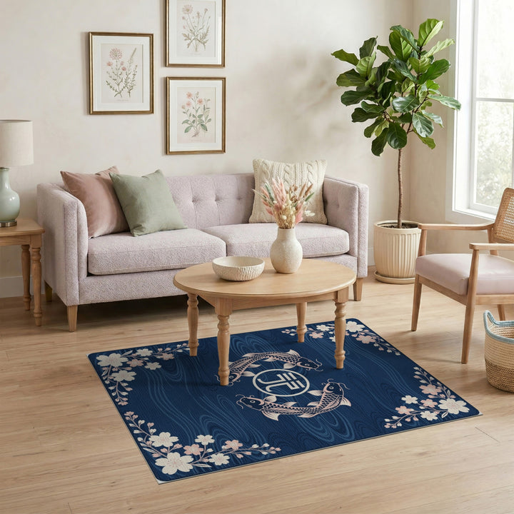 Blue Koi Fish Sakura Washable Area Rug