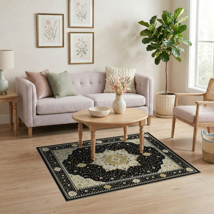 Traditional Persian Black Gold Persian Medallion Area Rug