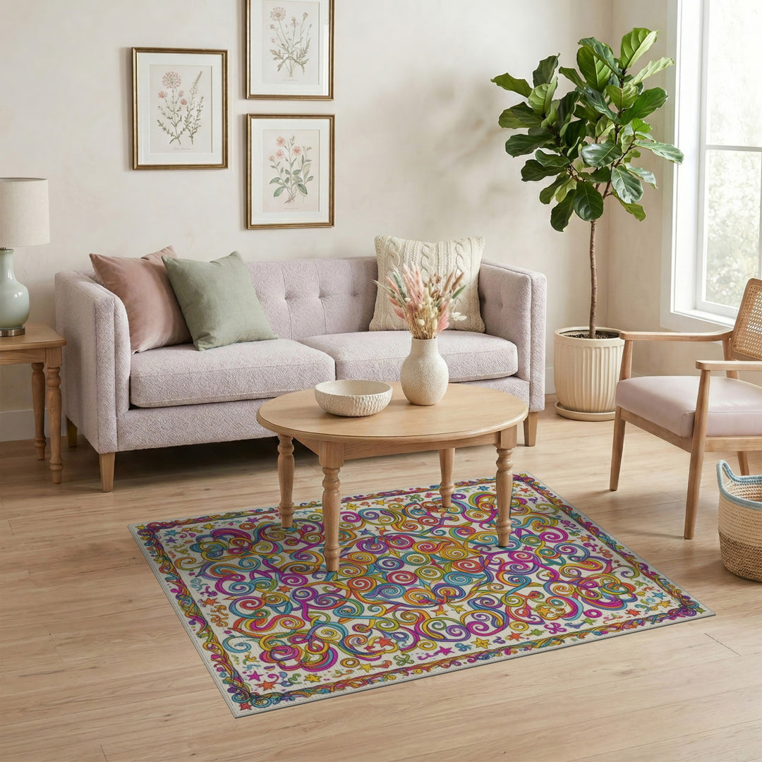 Vibrant Rainbow Swirl Stars Area Rug