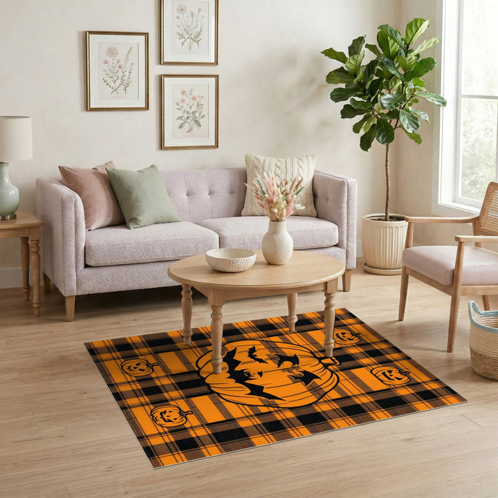Halloween Pumpkin Bat Orange Plaid Area Rug