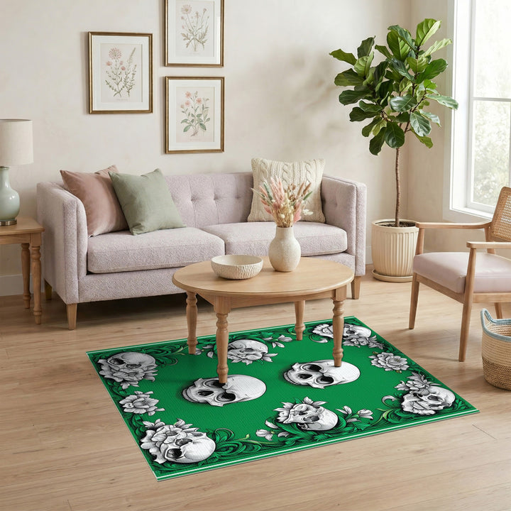 Green Skull Floral Area Rug