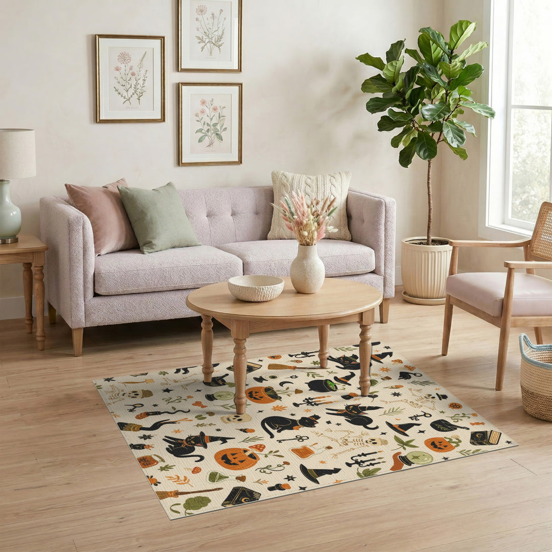 Beige and Neutral Spooky Black Cat Halloween Area Rug