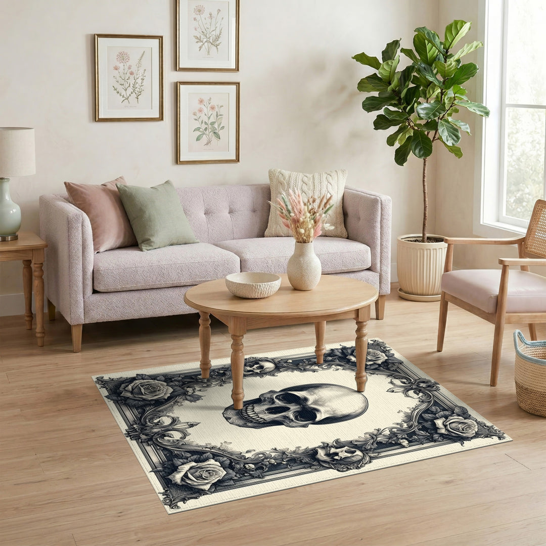 Distressed Vintage Skull Roses Black White Area Rug