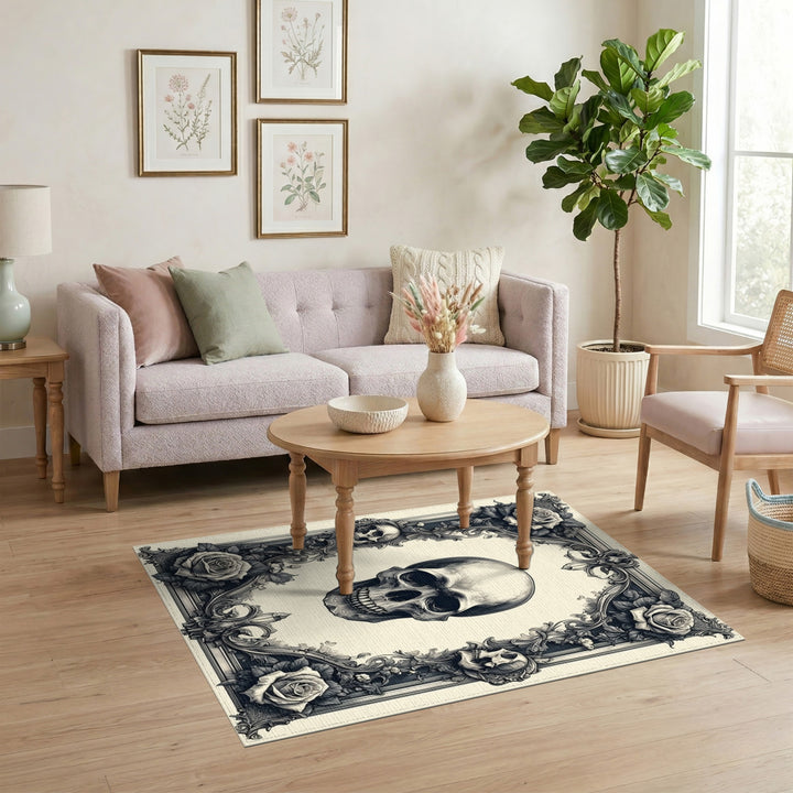 Distressed Vintage Skull Roses Black White Area Rug