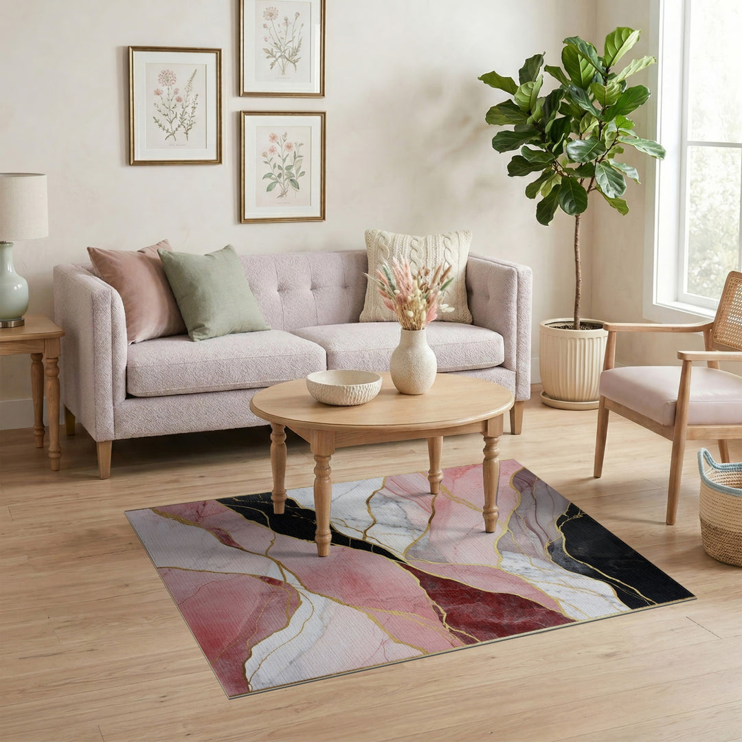 Pink Marble Pink Marble Gold Vein Abstract Area Rug