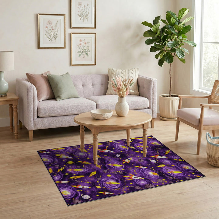 Purple Cosmic Rockets Kids Area Rug