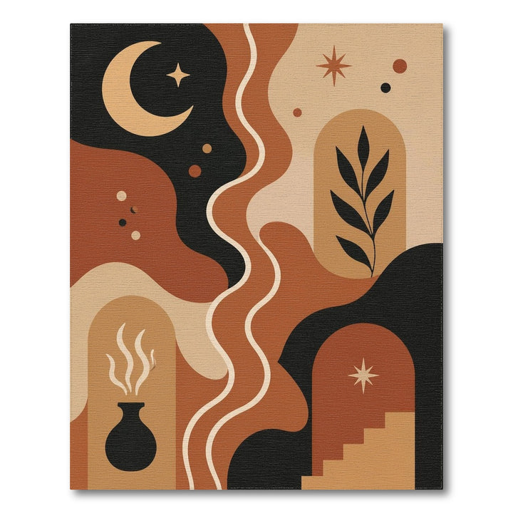 Boho Chic Brown Tan Area Rug with Moon and Arch
